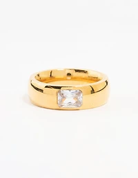 Waterproof Gold Plated Stainless Steel Wide Band Cubic Zirconia Ring