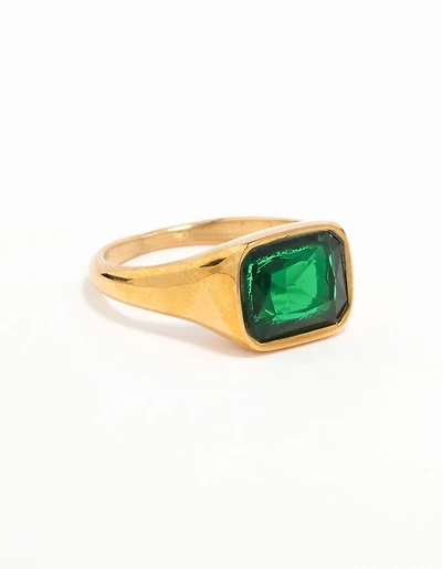 Waterproof Gold Plated Stainless Steel Opulent Green Cubic Zirconia Signet Ring
