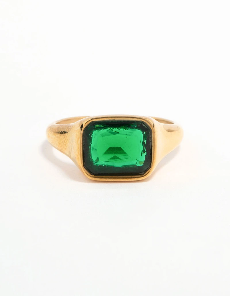 Waterproof Gold Plated Stainless Steel Opulent Green Cubic Zirconia Signet Ring