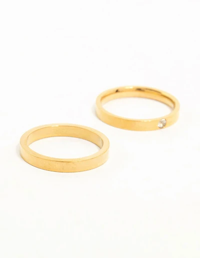 Waterproof Gold Plated Stainless Steel Cubic Zirconia Band Rings 2-Pack