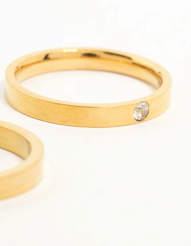 Waterproof Gold Plated Stainless Steel Cubic Zirconia Band Rings 2-Pack