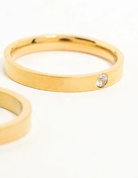 Waterproof Gold Plated Stainless Steel Cubic Zirconia Band Rings 2-Pack