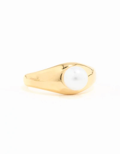 Waterproof Gold Plated Stainless Steel Fine Pearl Signet Ring