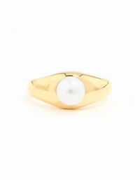 Waterproof Gold Plated Stainless Steel Fine Pearl Signet Ring