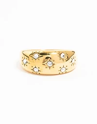 Waterproof Gold Plated Stainless Steel Diamante Scatter Band Ring