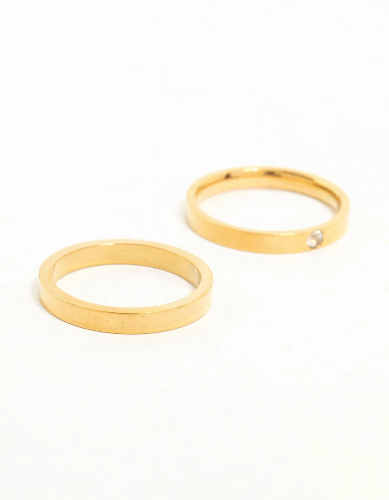 Waterproof Gold Plated Stainless Steel Cubic Zirconia Band Rings 2-Pack