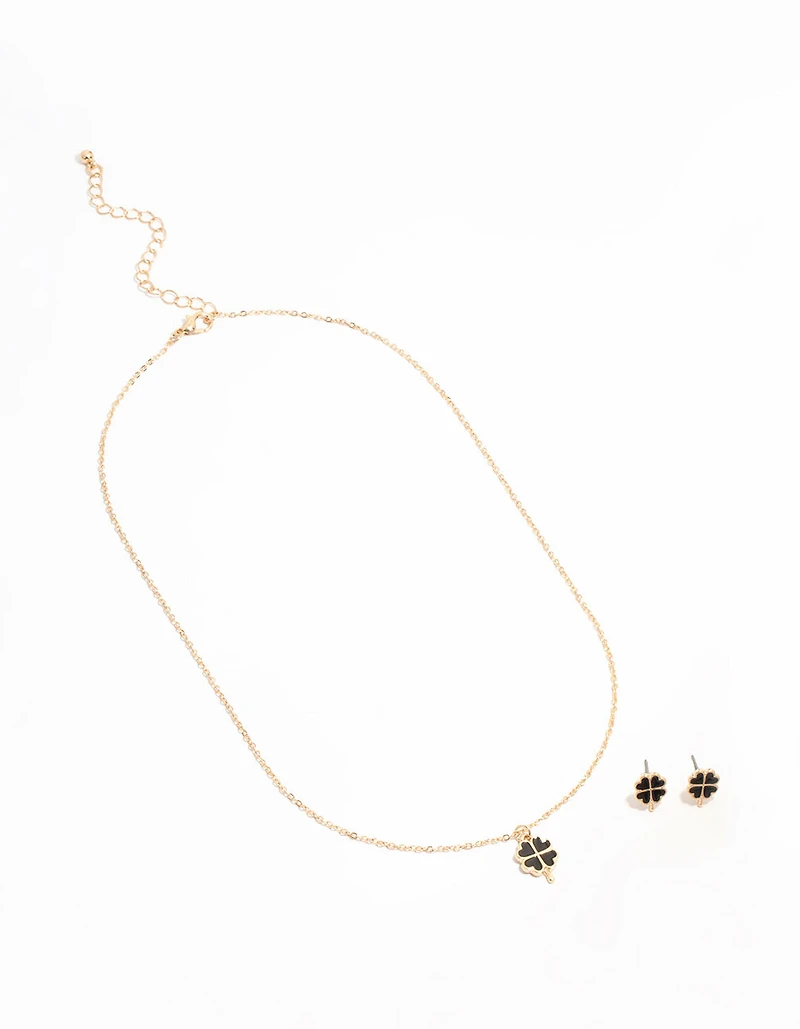 Gold Mini Black Clover Necklace & Earrings Set