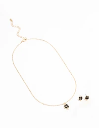 Gold Mini Black Clover Necklace & Earrings Set
