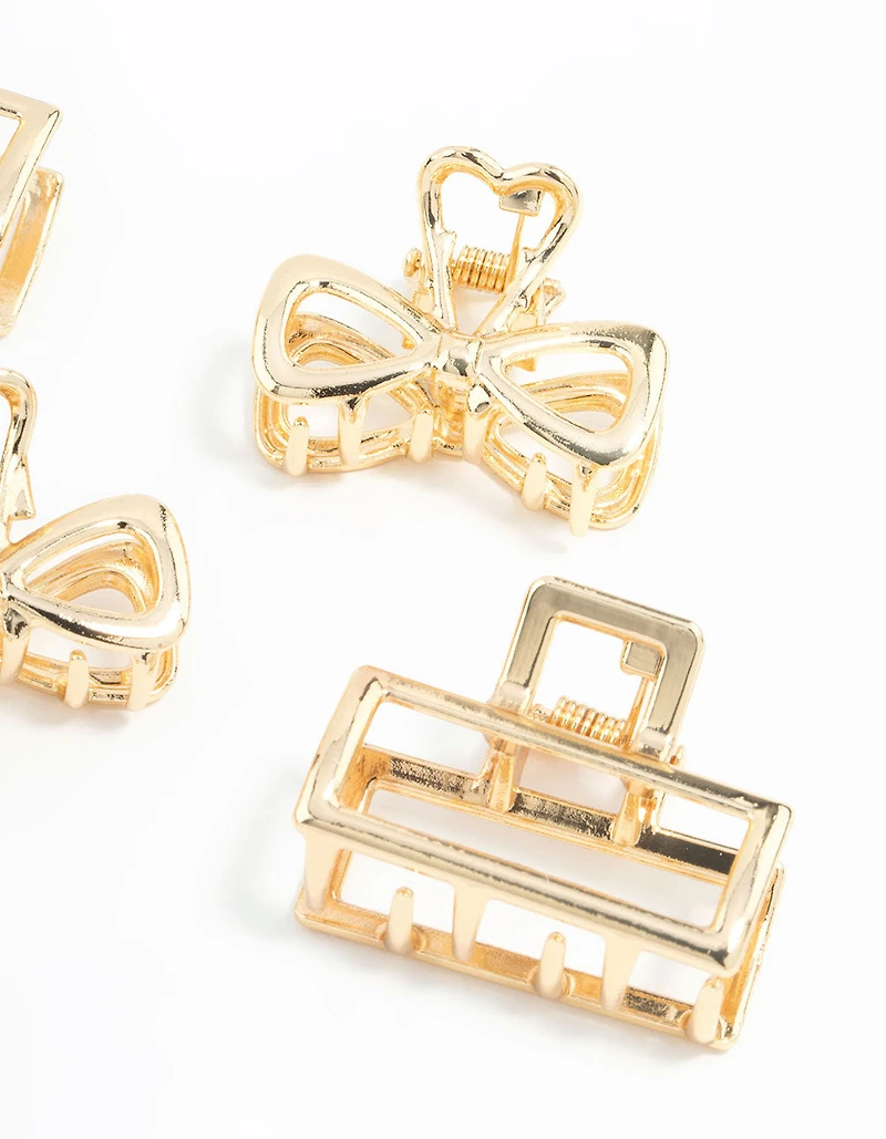 Gold Open Rectangle & Bow Claw Clips 6-Pack