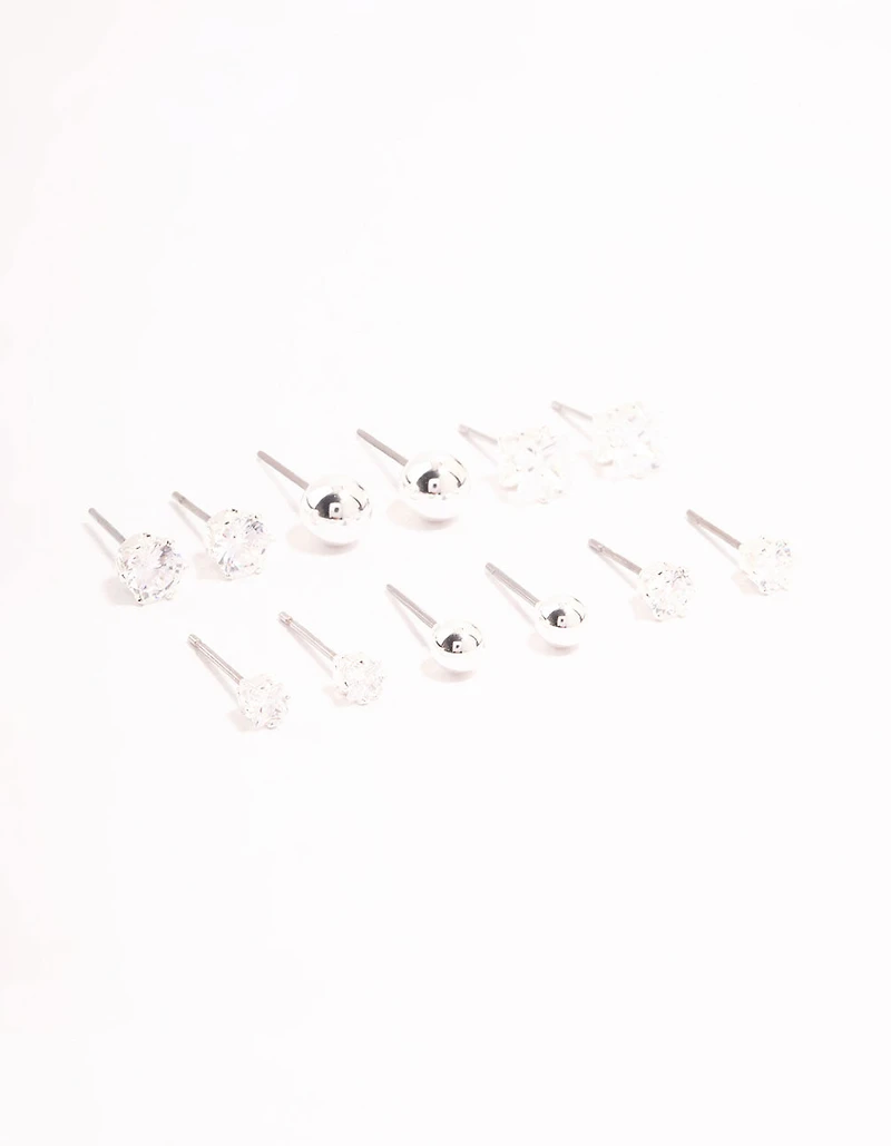 Silver Plated Cubic Zirconia & Ball Stud Earrings 6-Pack