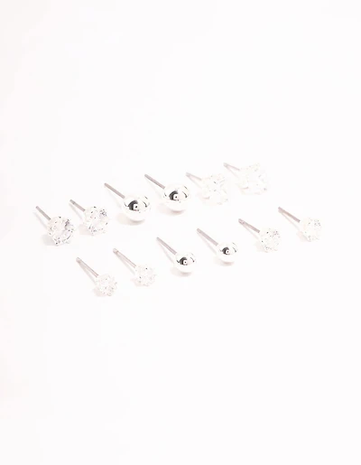 Silver Plated Cubic Zirconia & Ball Stud Earrings 6-Pack