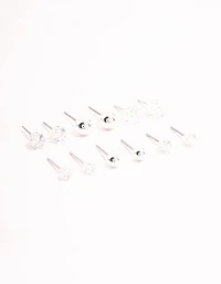 Silver Plated Cubic Zirconia & Ball Stud Earrings 6-Pack