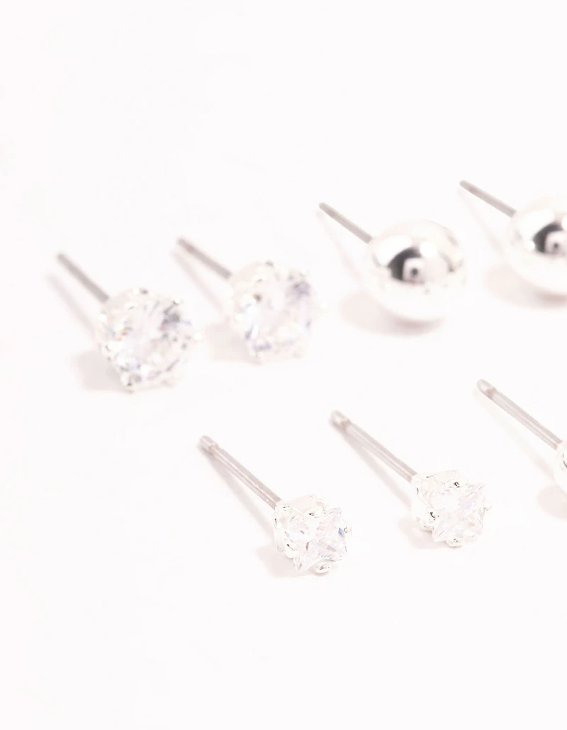 Silver Plated Cubic Zirconia & Ball Stud Earrings 6-Pack