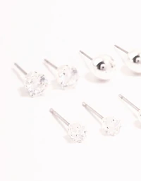 Silver Plated Cubic Zirconia & Ball Stud Earrings 6-Pack