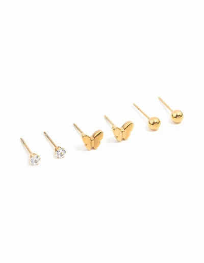 Pack de 3 boucles d’oreilles imperméables en acier inoxydable plaqué or papillon & Classic Stud
