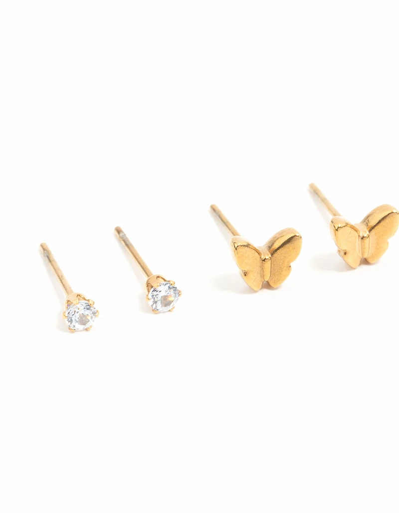 Pack de 3 boucles d’oreilles imperméables en acier inoxydable plaqué or papillon & Classic Stud