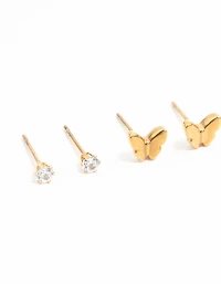 Pack de 3 boucles d’oreilles imperméables en acier inoxydable plaqué or papillon & Classic Stud