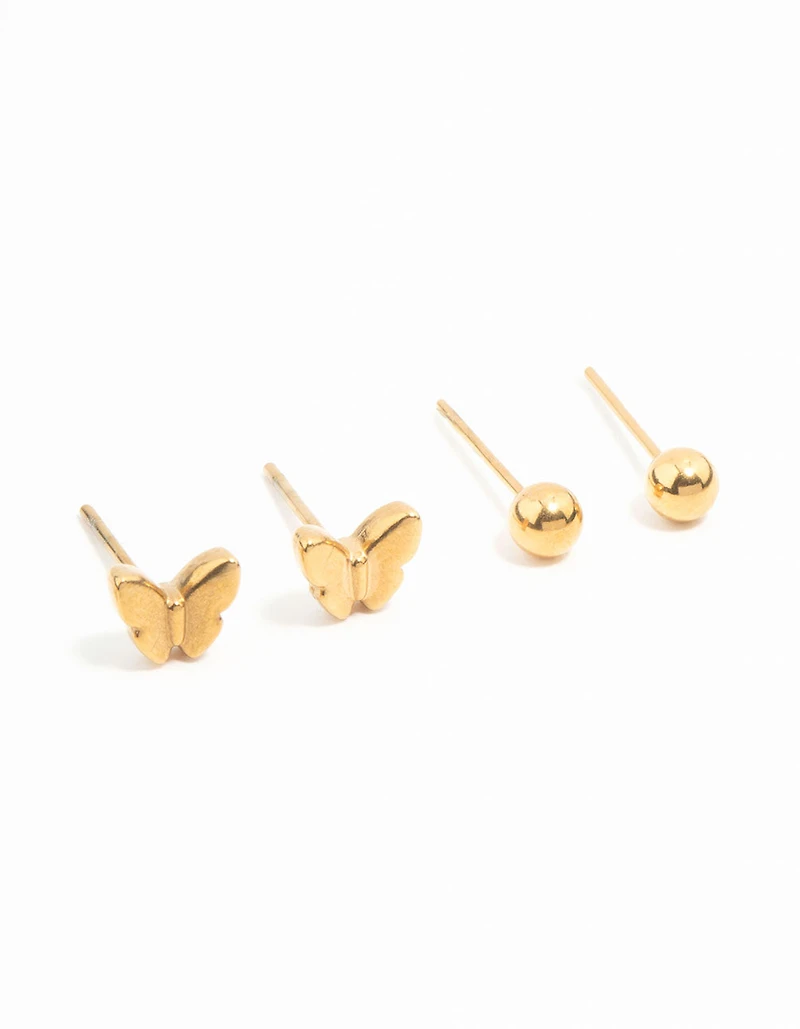 Pack de 3 boucles d’oreilles imperméables en acier inoxydable plaqué or papillon & Classic Stud