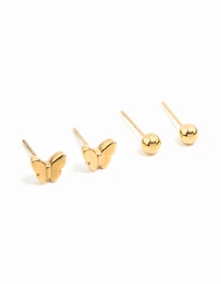 Pack de 3 boucles d’oreilles imperméables en acier inoxydable plaqué or papillon & Classic Stud