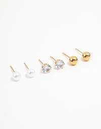 Boucles d’oreilles mélangées en acier inoxydable plaqués or imperméables en pack de 3