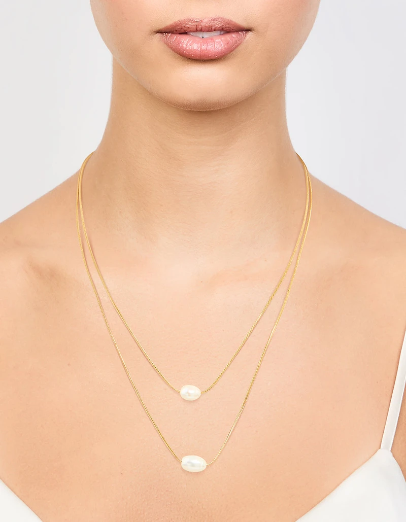 Waterproof Gold Plated Stainless Steel Layered Pearl Pendant Necklace