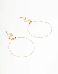 Waterproof Gold Plated Stainless Steel Station & Pearl Anklets 2-Pack