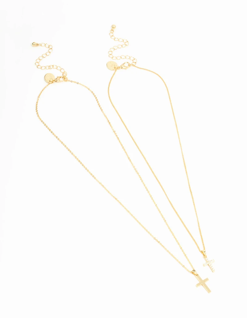 Gold Plated Cubic Zirconia & Plain Cross Necklaces 2-Pack