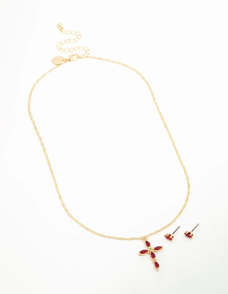 Gold Plated Red Diamante Pointed Cross Necklace & Stud Earrings Set