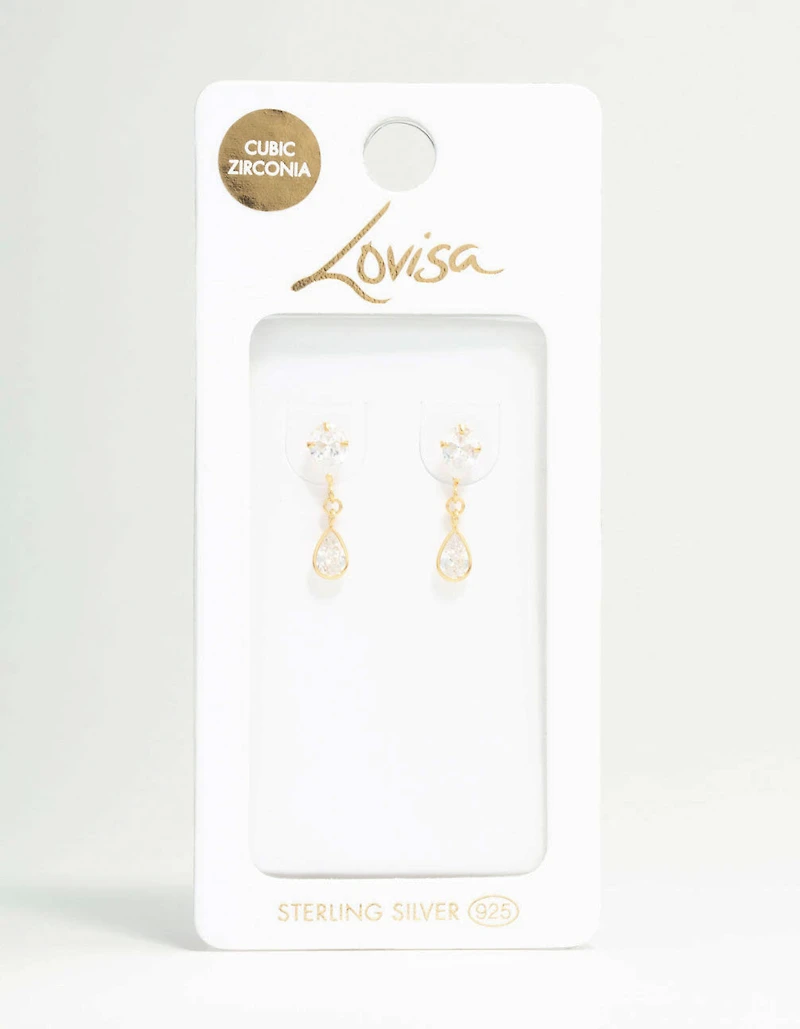 Gold Plated Sterling Silver Pear Cut Cubic Zirconia Drop Stud Earrings