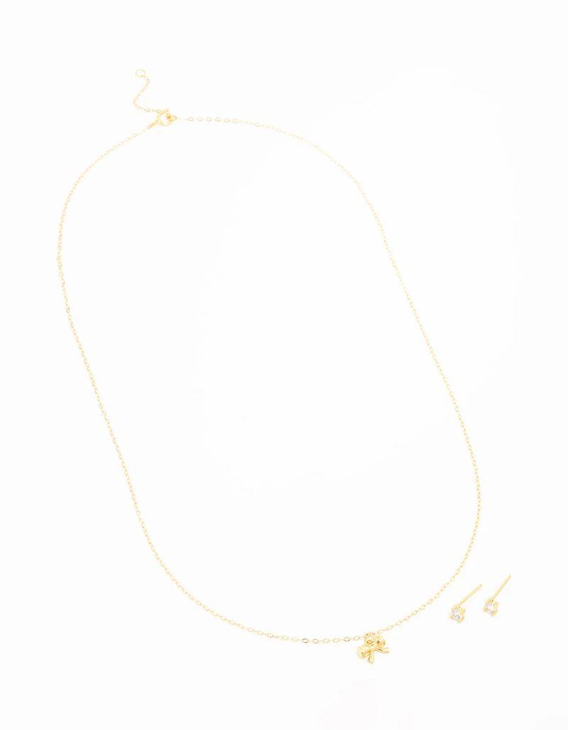 Gold Plated Sterling Silver Bow Necklace & Cubic Zirconia Studs Set