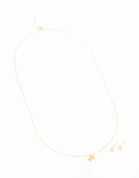Gold Plated Sterling Silver Bow Necklace & Cubic Zirconia Studs Set