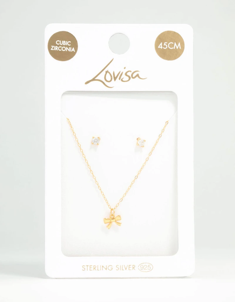 Gold Plated Sterling Silver Bow Necklace & Cubic Zirconia Studs Set