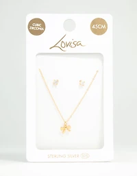 Gold Plated Sterling Silver Bow Necklace & Cubic Zirconia Studs Set