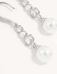 Silver Pearl & Cubic Zirconia Drop Hook Earrings