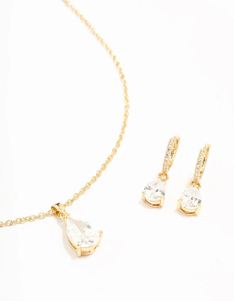 Gold Plated Cubic Zirconia Drop Necklace & Stud Earrings Set