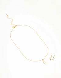 Gold Plated Cubic Zirconia Drop Necklace & Stud Earrings Set