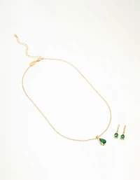Gold Plated Emerald Teardrop Diamante Drop Necklace & Earrings Set