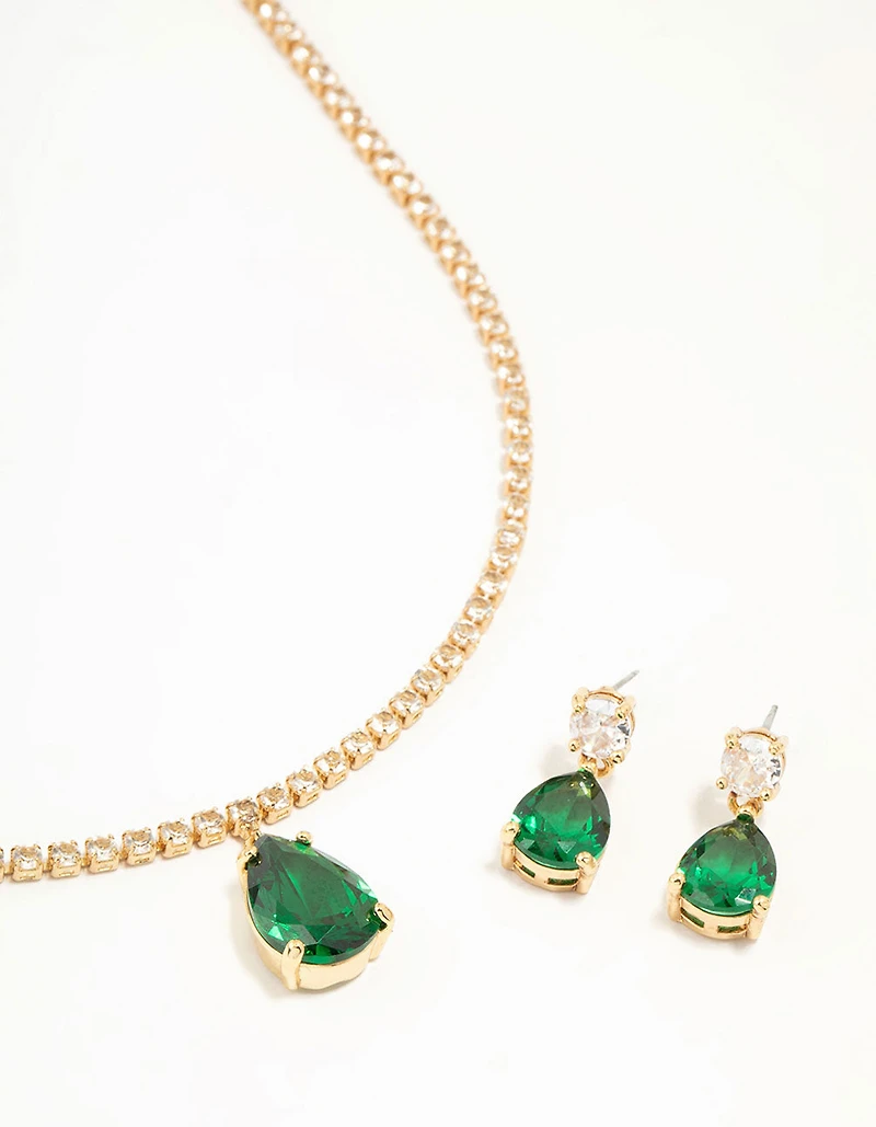Coffret de colliers et boucles d’oreilles de tennis en diamants émeraude plaqués or