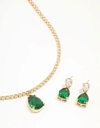 Coffret de colliers et boucles d’oreilles de tennis en diamants émeraude plaqués or