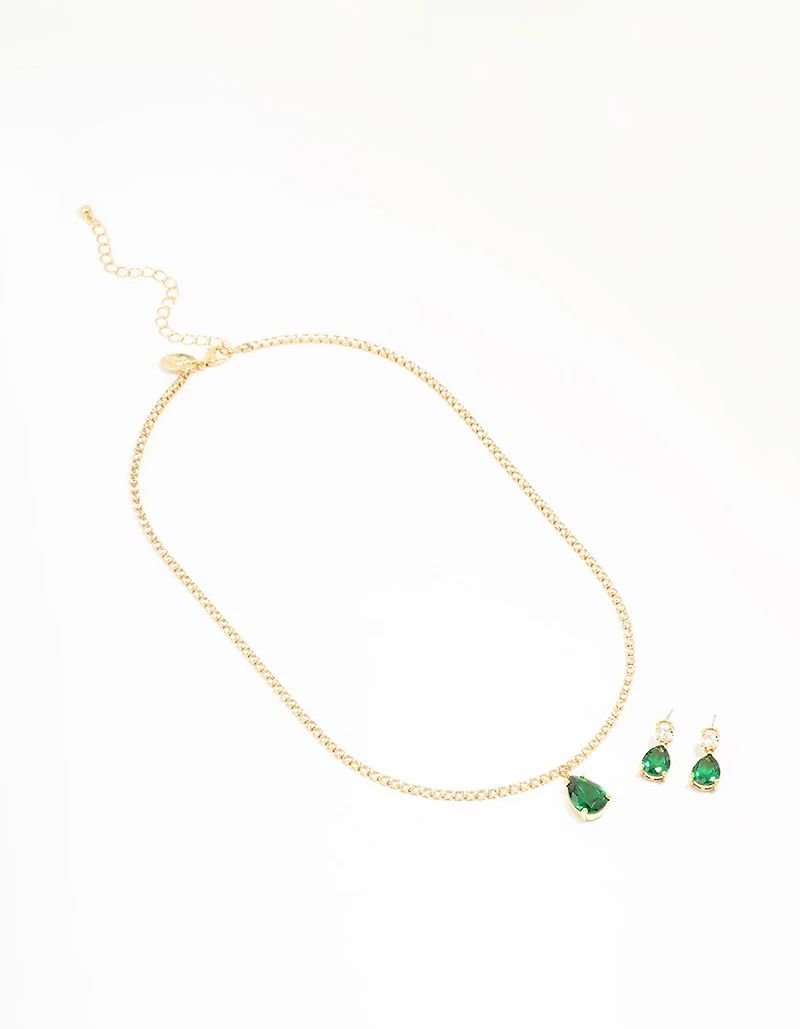 Coffret de colliers et boucles d’oreilles de tennis en diamants émeraude plaqués or