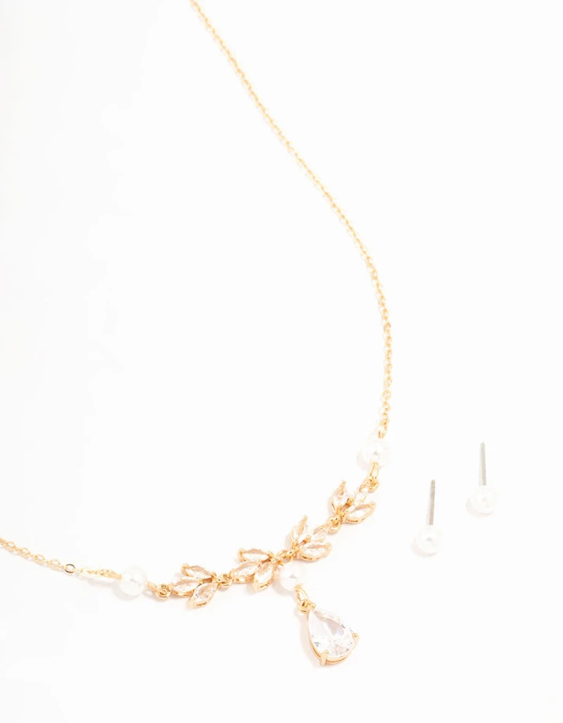 Gold Cubic Zirconia Pearl Necklace & Earrings Set