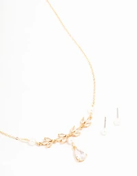 Gold Cubic Zirconia Pearl Necklace & Earrings Set