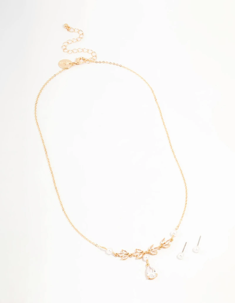 Gold Cubic Zirconia Pearl Necklace & Earrings Set