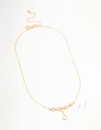 Gold Cubic Zirconia Pearl Necklace & Earrings Set