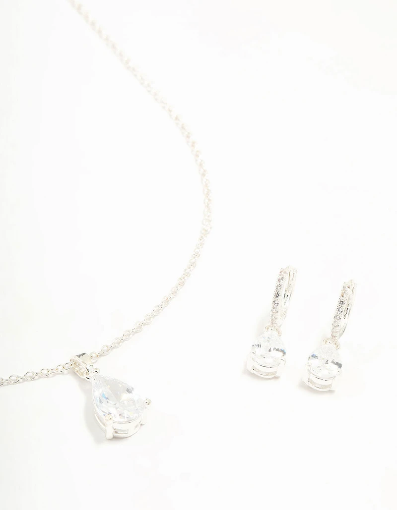 Silver Plated Cubic Zirconia Teardrop Necklace & Earrings Set