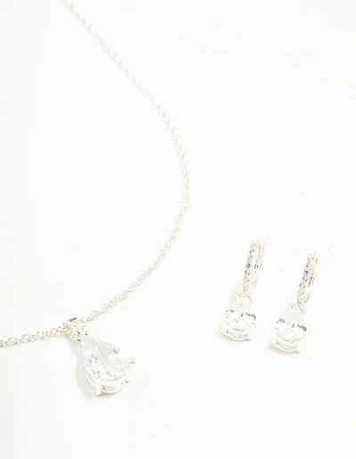Silver Plated Cubic Zirconia Teardrop Necklace & Earrings Set