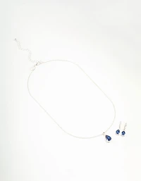 Silver Sapphire Teardrop Necklace & Earrings Set