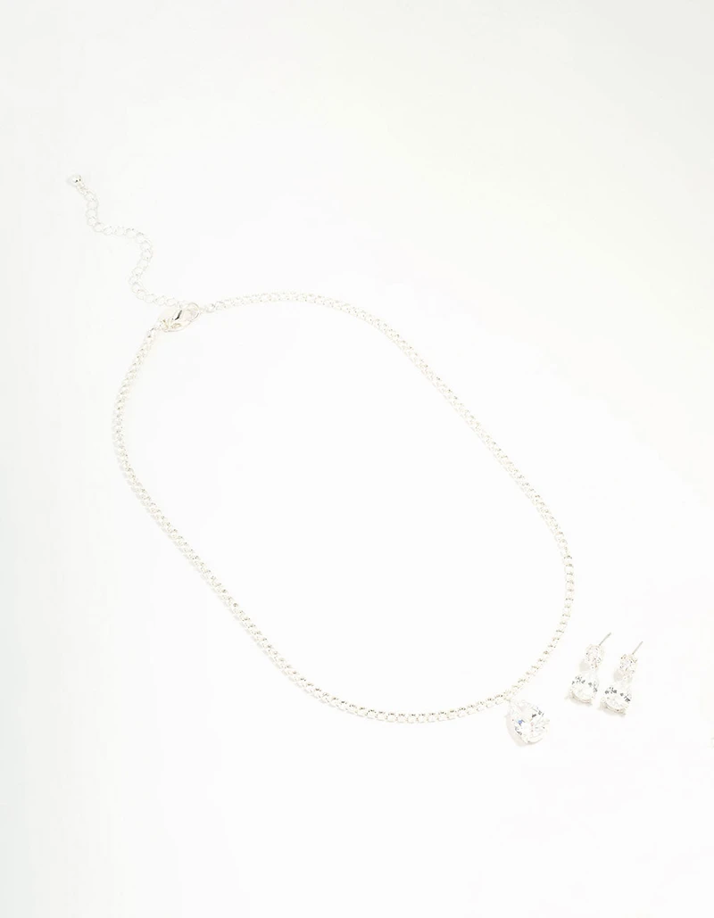 Silver  Cubic Zirconia Tennis Necklace & Earring Set