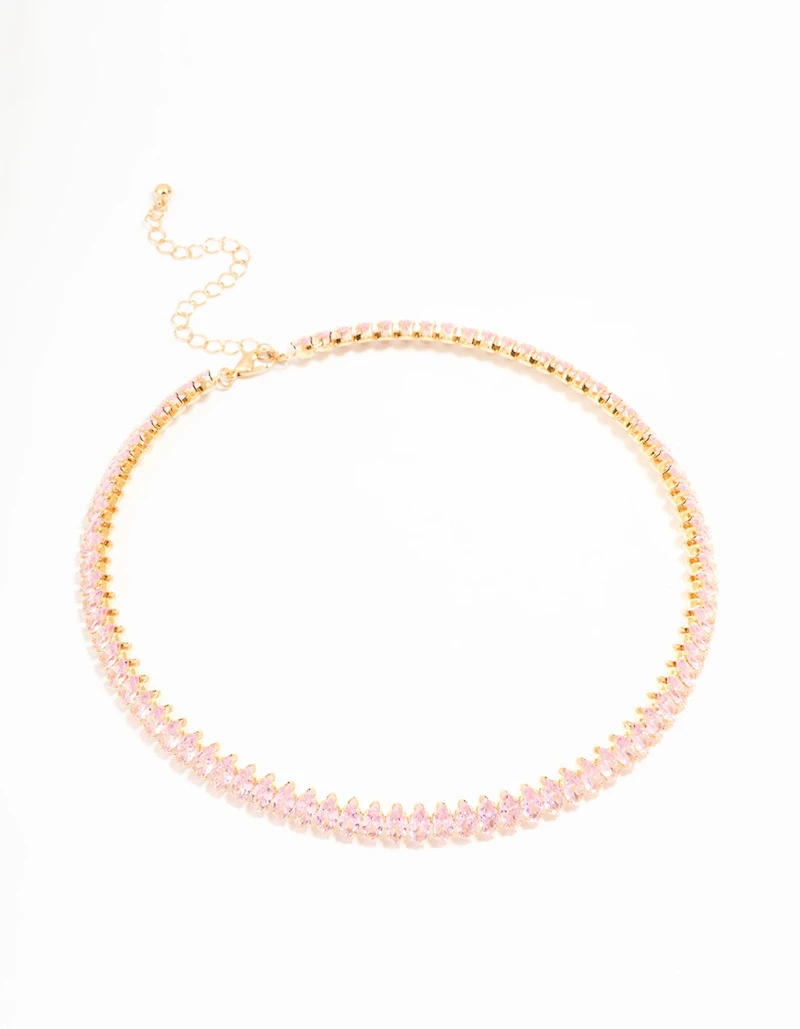 Pink Cubic Zirconia Navette Choker Gold Necklace