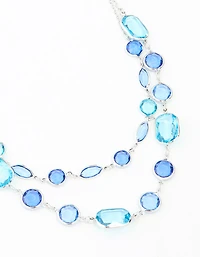 Blue Rectangle Diamante Stone Silver Layered Necklace